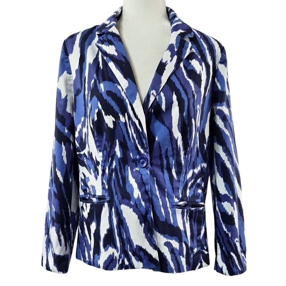 Chico's White Blue Abstract Animal Geo Blazer One Button Business Casual